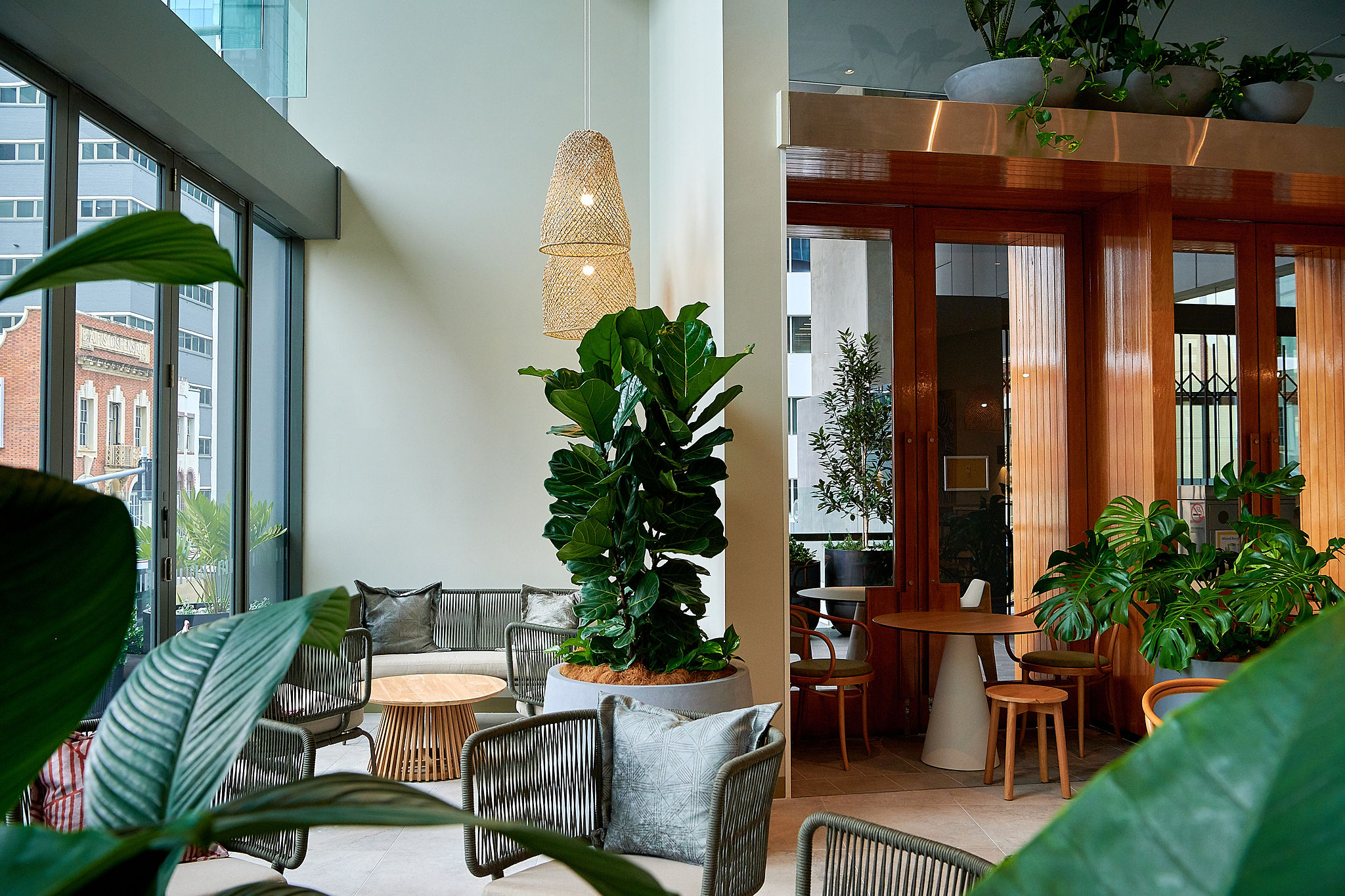 a greenroom showing plants, tables and chairs