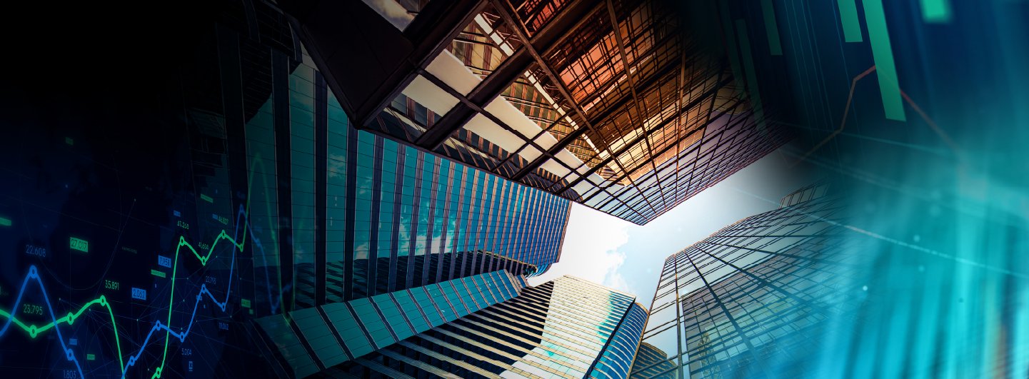 Vertical view of buildings with abstract data